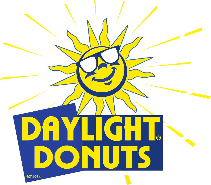 Daylight donuts logo with a sun wearing sunglasses above it.