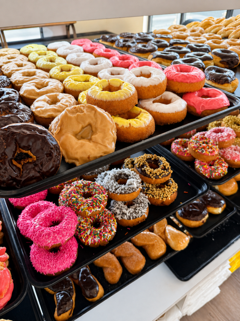 Varied donuts in a case in a Daylight Donuts store.