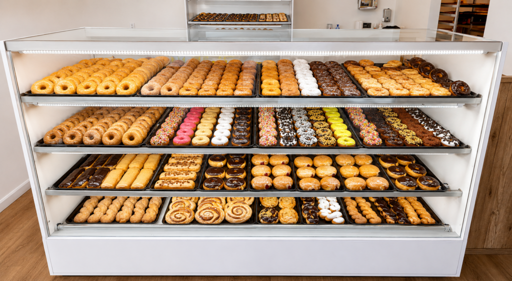 A filled case of fresh donuts in a Daylight Donut store in Salem Utah.