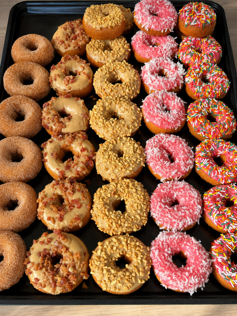 Rows of donuts on a black tray.